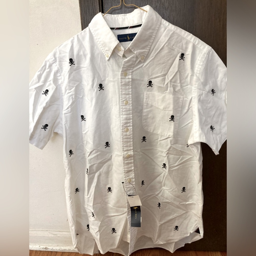 Ralph Lauren Men's L White Skull Print Crossbone Short Sleeve Button Down Shirt